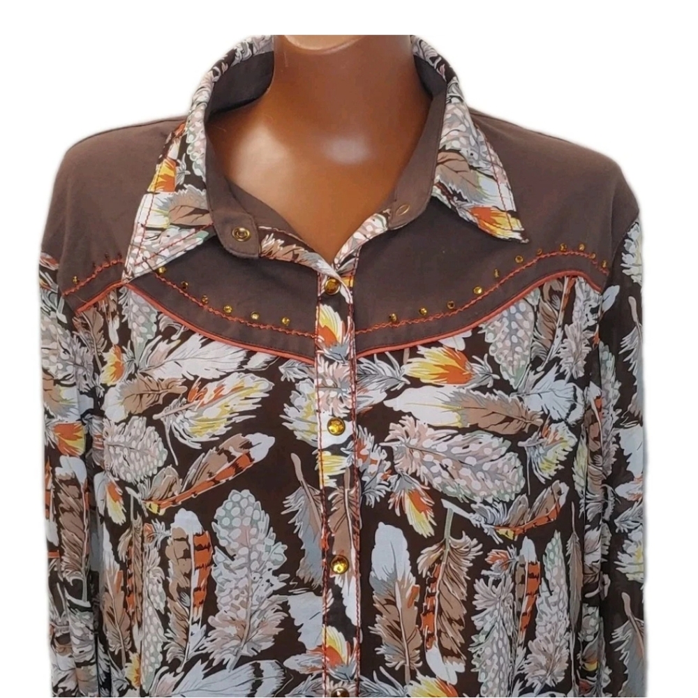 Cowgirl Up Pearl Snap Shirt Brown Sheer Chiffon Feather Southwestern Western XL